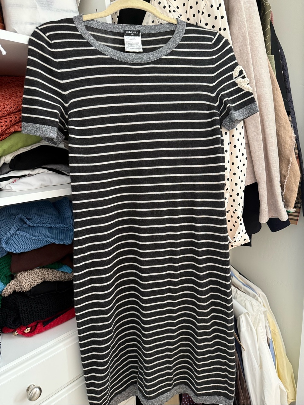 CHANEL cashmere/silk Black/ White Striped Knit dress with Metallic Trim SZ 38